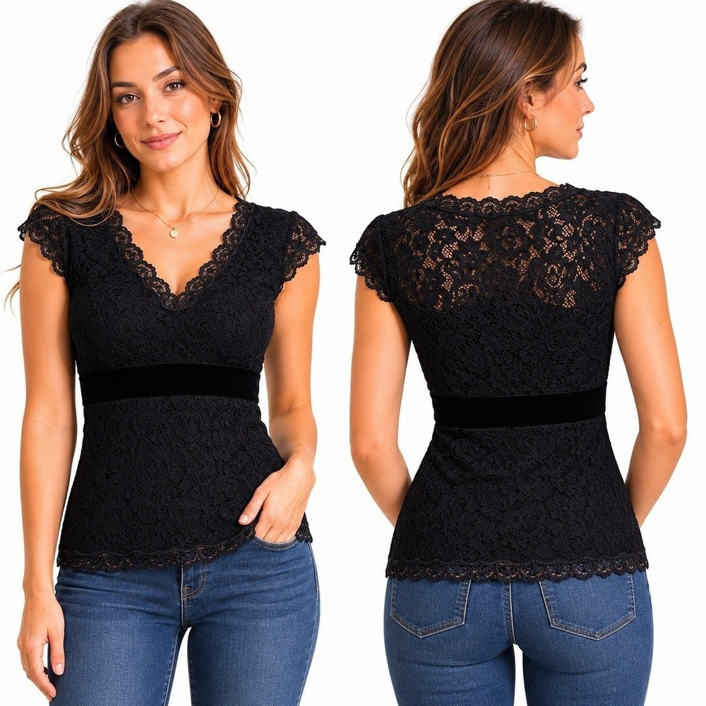 Ann Taylor Blouse Women's Small Black Lace V-Neck Top Velvet Waist Scalloped